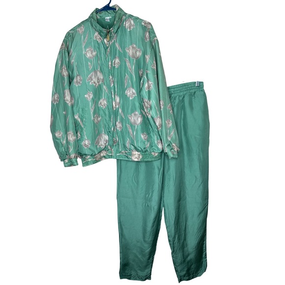 Coaco Pants - Coaco 90s VTG 100% Silk Nylon Tulip Print Tracksuit Jacket Pants Set Women's L‎